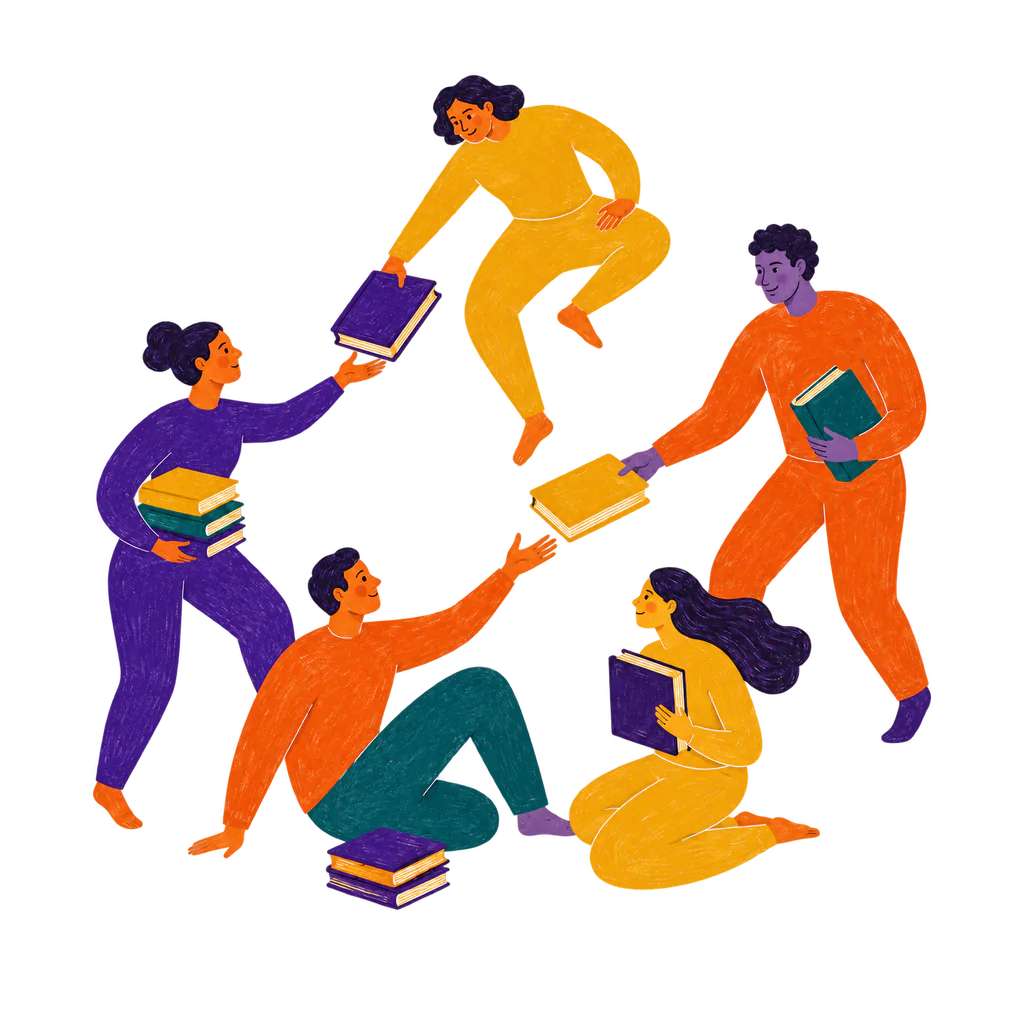 Illustration of book club friends sharing books.