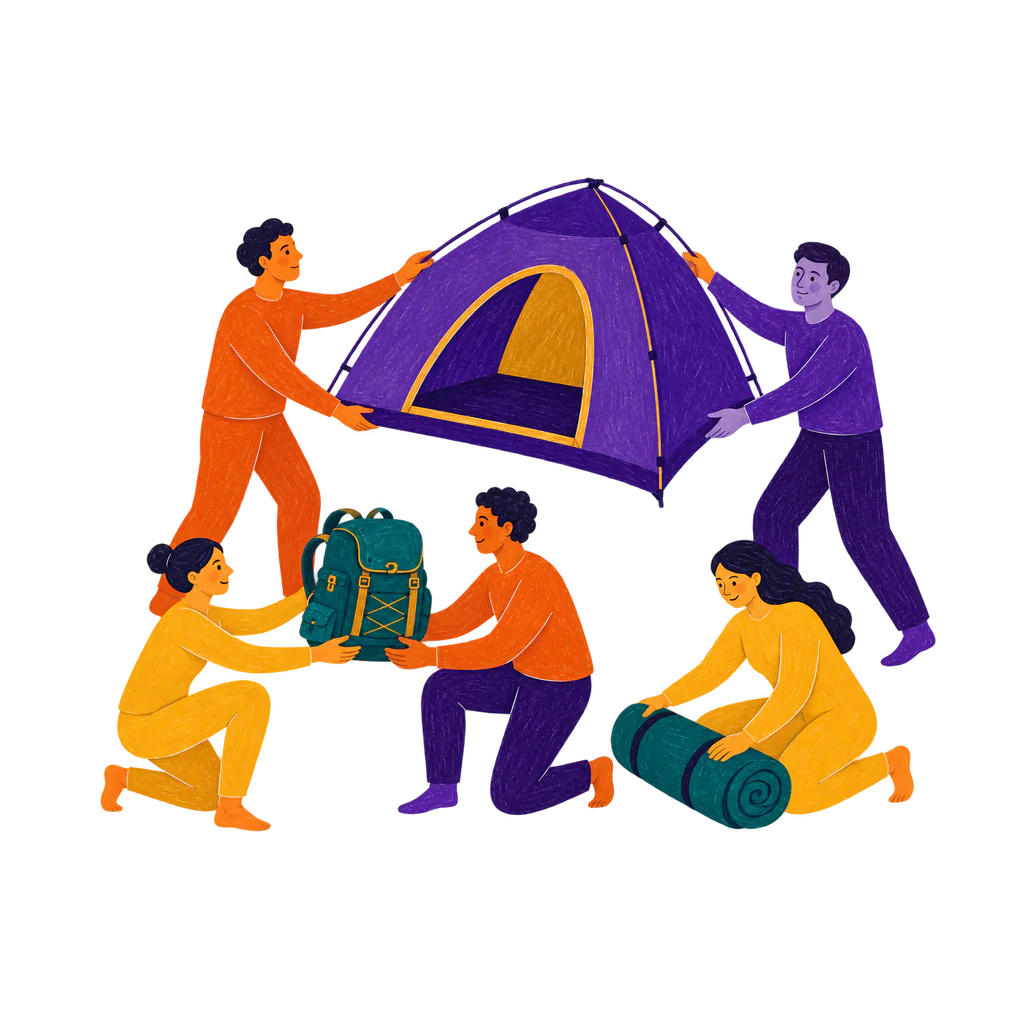 Illustration of friends sharing camping and outdoor gear.